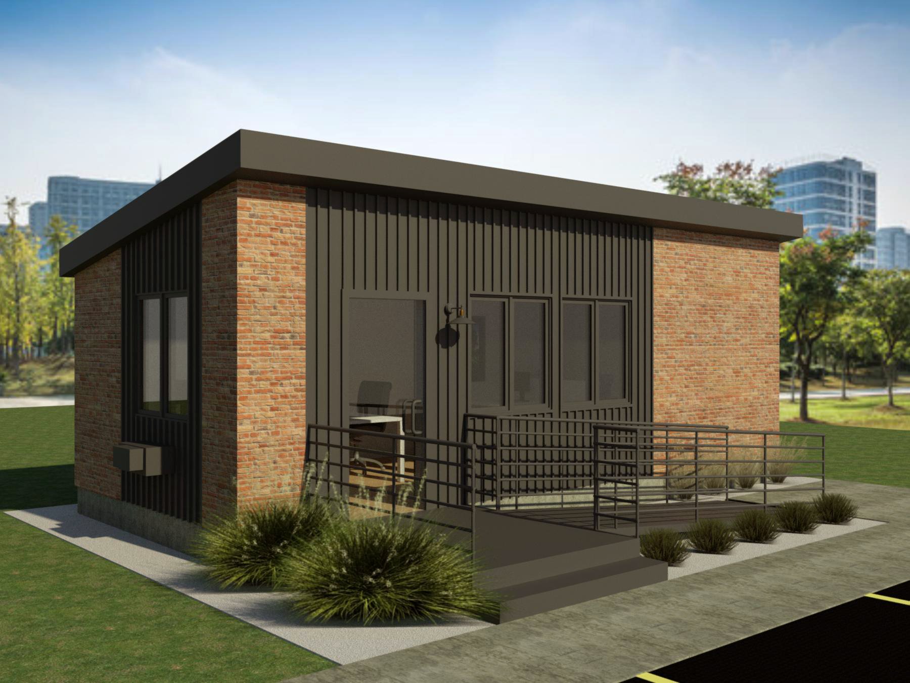 Modern modular office with brick and metal exterior
