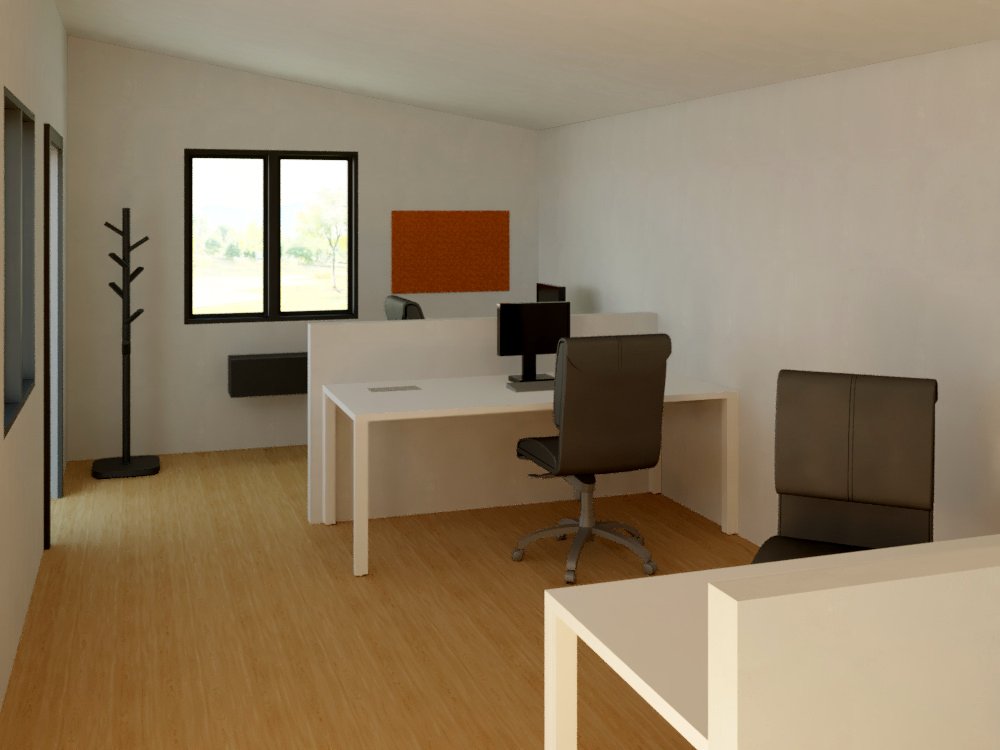 Modular office interior with desks and windows