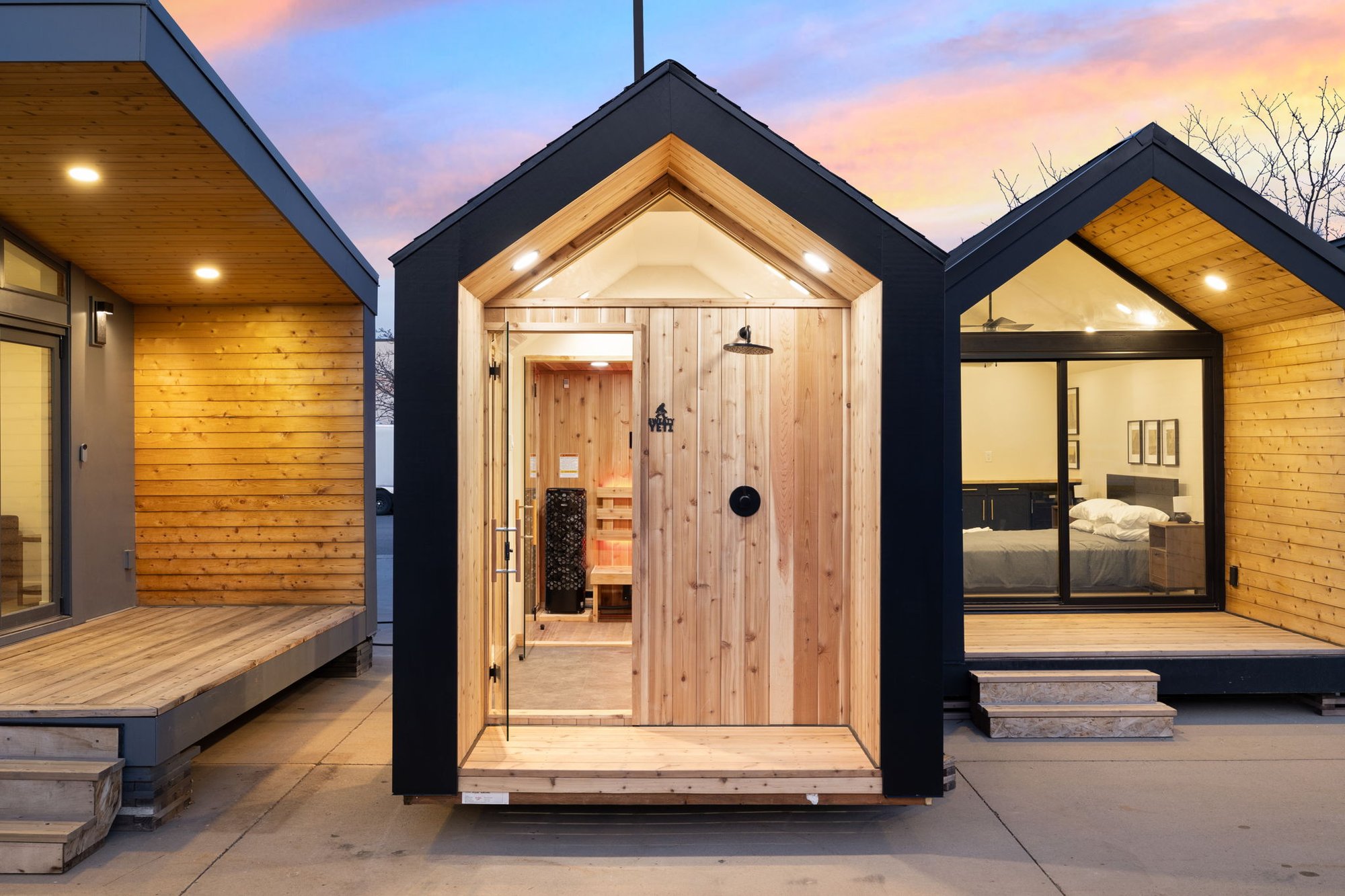 Outdoor sauna at sunset