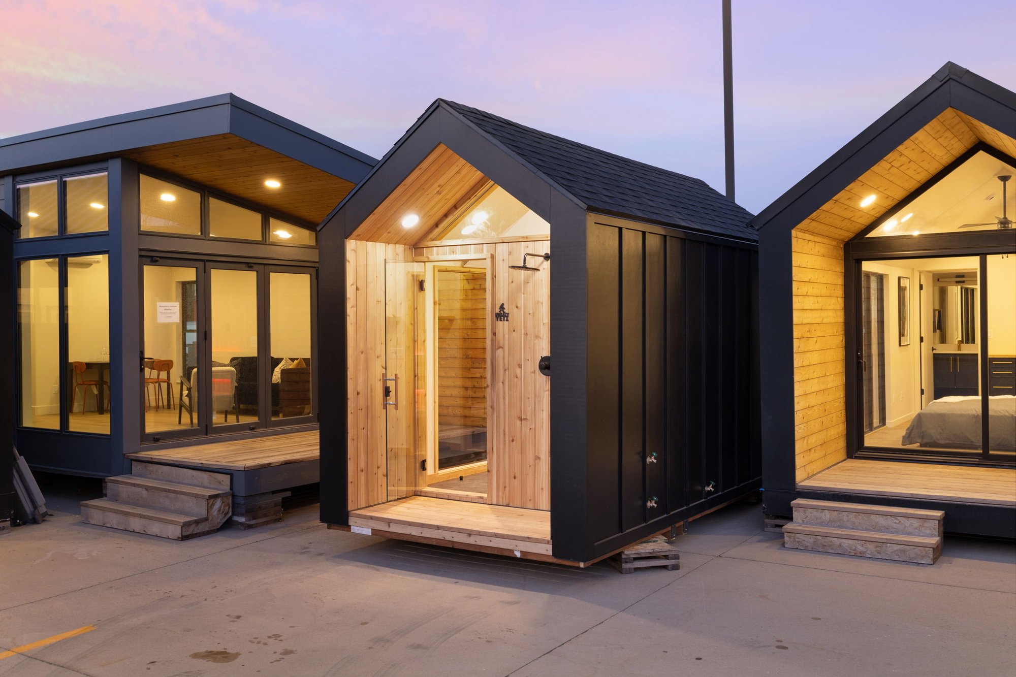 Sauna cube exterior at sunset