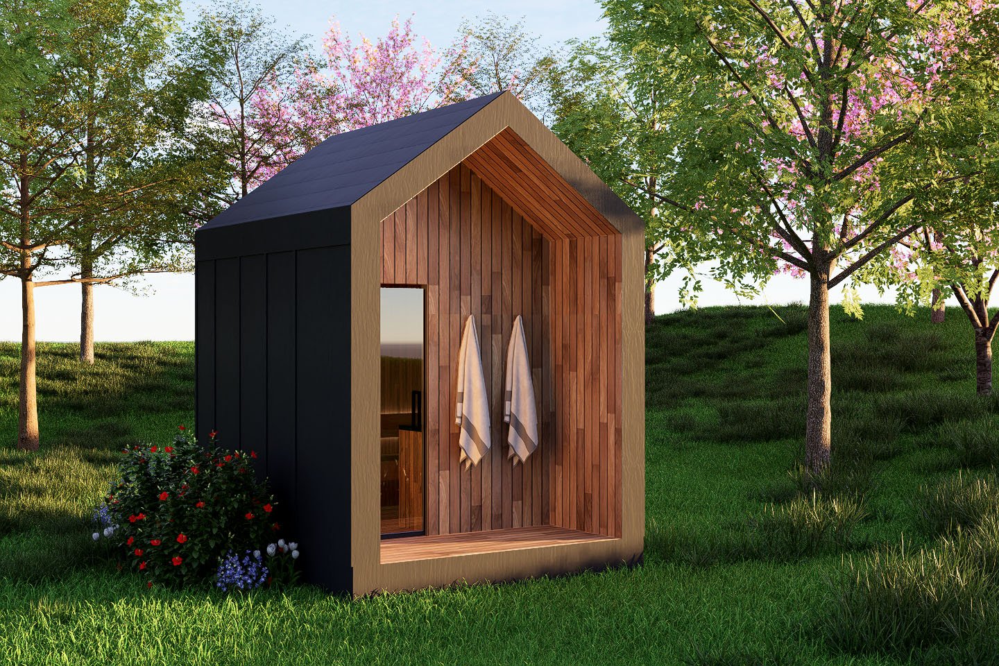 Sauna exterior with warm lighting