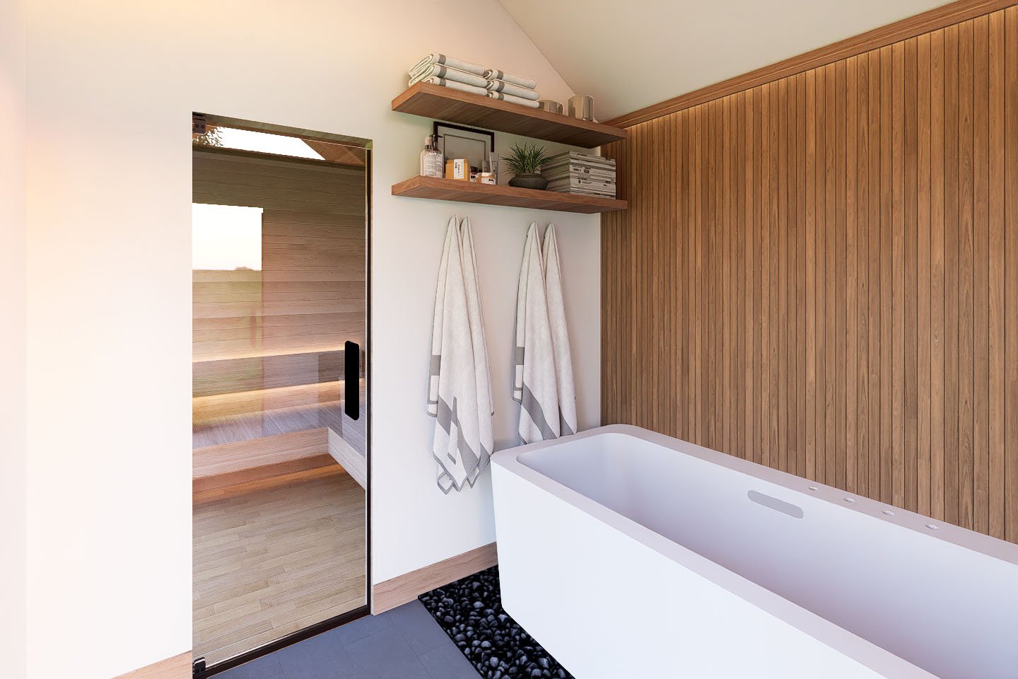 Sauna plunge interior with towels
